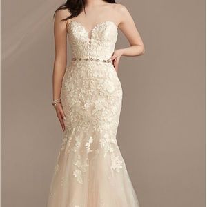 Oleg Cassini lace applique mermaid strapless wedding dress